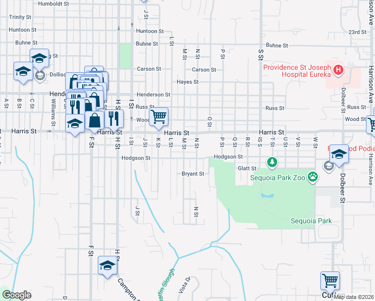 map of restaurants, bars, coffee shops, grocery stores, and more near 3232 N Street in Eureka