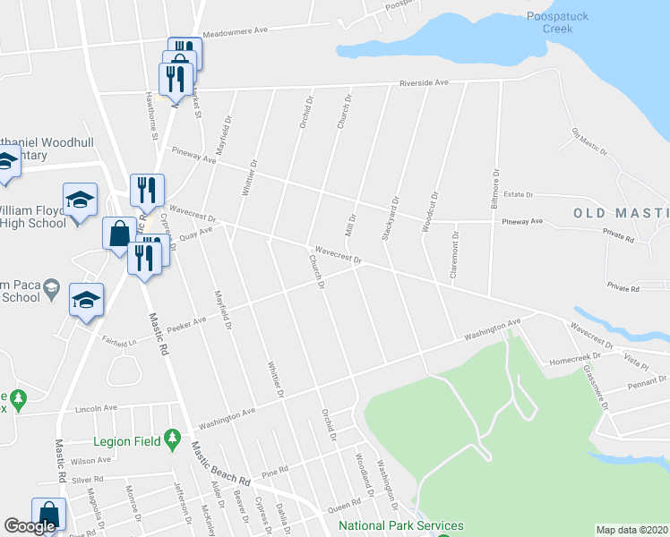map of restaurants, bars, coffee shops, grocery stores, and more near 27 Peeker Avenue in Mastic Beach