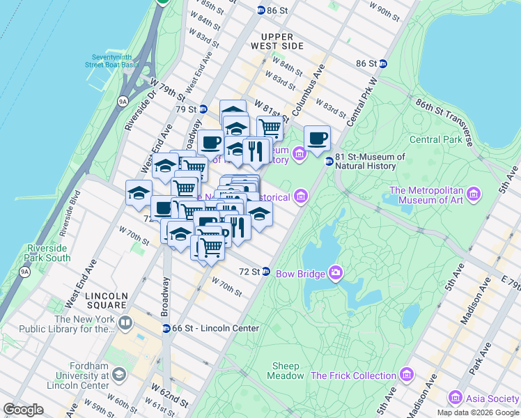 map of restaurants, bars, coffee shops, grocery stores, and more near 58 West 75th Street in New York