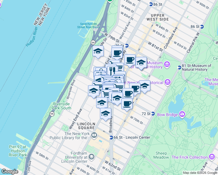 map of restaurants, bars, coffee shops, grocery stores, and more near 224 West 72nd Street in New York
