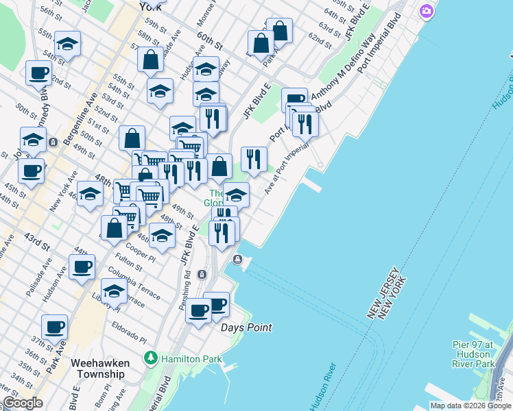 map of restaurants, bars, coffee shops, grocery stores, and more near 24a Avenue at Port Imperial in West New York
