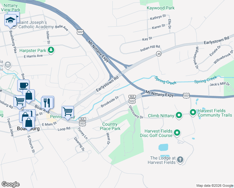 map of restaurants, bars, coffee shops, grocery stores, and more near 701-843 Brookside Dr in Boalsburg