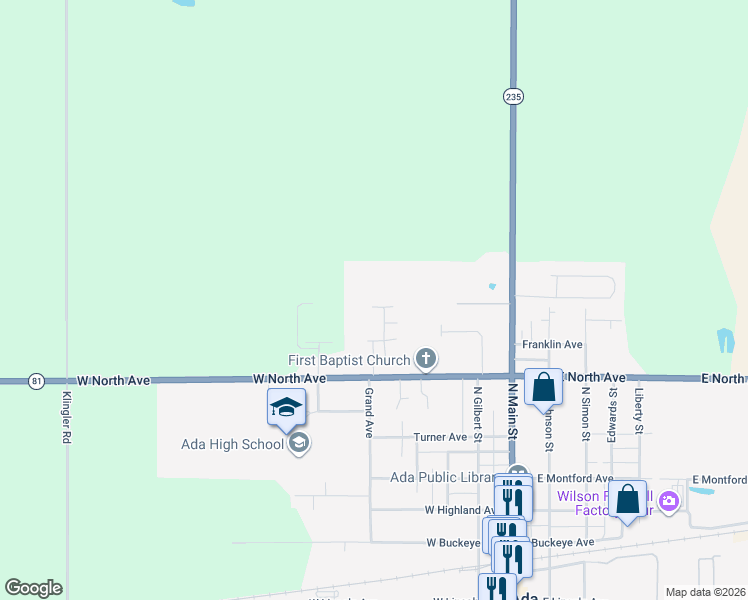 map of restaurants, bars, coffee shops, grocery stores, and more near 802 Autumn Drive in Ada