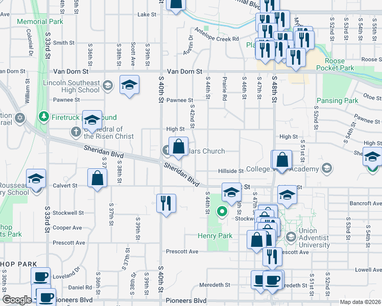 map of restaurants, bars, coffee shops, grocery stores, and more near 3334 Curtis Drive in Lincoln