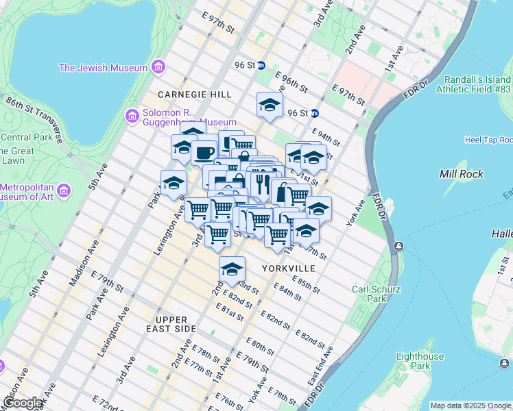 map of restaurants, bars, coffee shops, grocery stores, and more near 238 East 88th Street in New York
