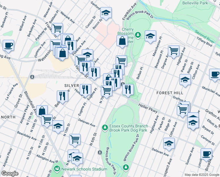 map of restaurants, bars, coffee shops, grocery stores, and more near 263 Heller Parkway in Newark