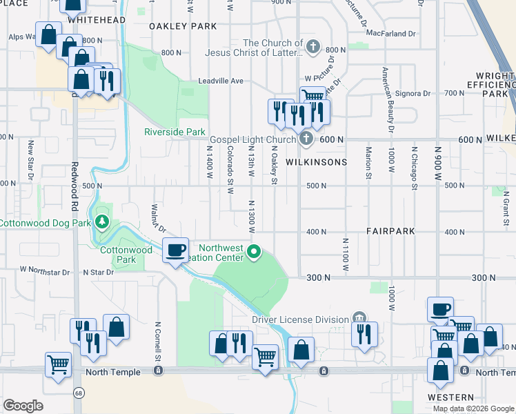 map of restaurants, bars, coffee shops, grocery stores, and more near 435 North 1300 West in Salt Lake City