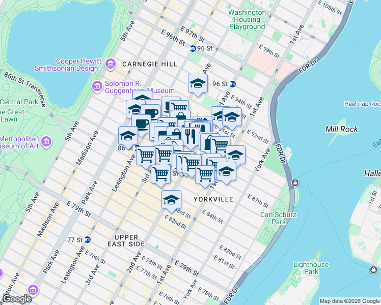 map of restaurants, bars, coffee shops, grocery stores, and more near 260 East 87th Street in New York