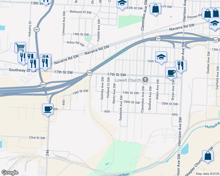 map of restaurants, bars, coffee shops, grocery stores, and more near 1828 Holland Court Southwest in Canton