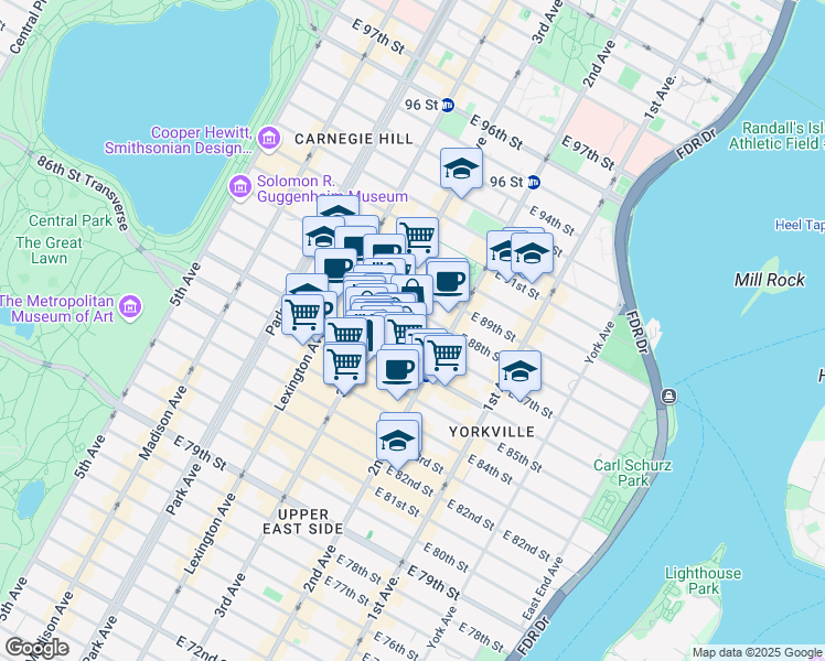 map of restaurants, bars, coffee shops, grocery stores, and more near 225 East 87th Street in New York
