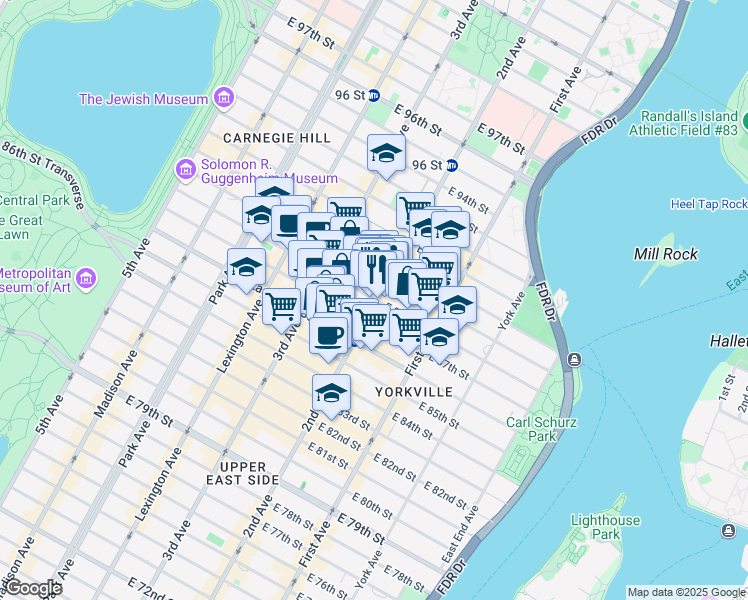 map of restaurants, bars, coffee shops, grocery stores, and more near 280 East 88th Street in New York