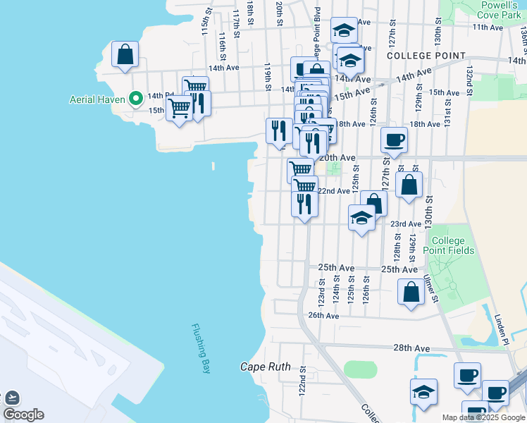 map of restaurants, bars, coffee shops, grocery stores, and more near 22-30 119th Street in Queens
