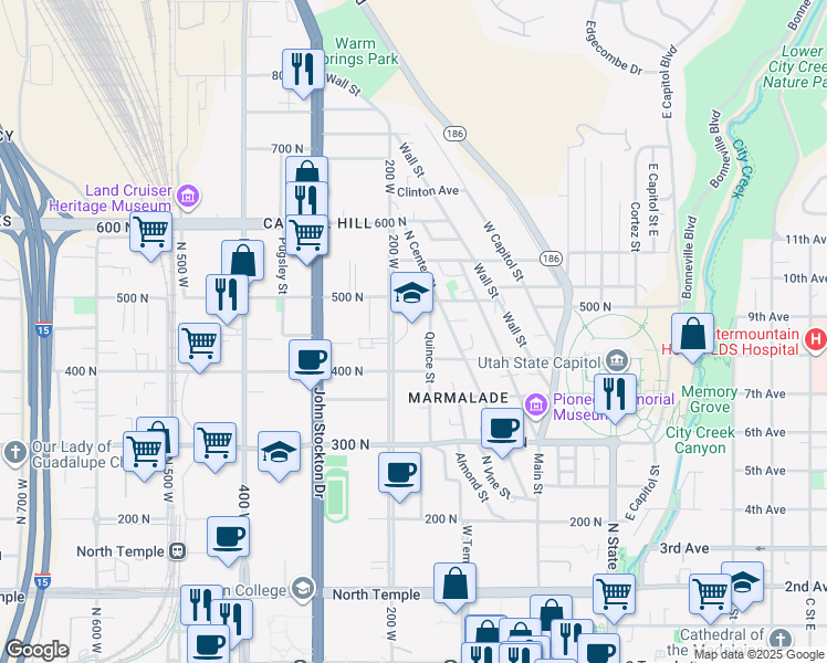 map of restaurants, bars, coffee shops, grocery stores, and more near 420 North 200 West in Salt Lake City