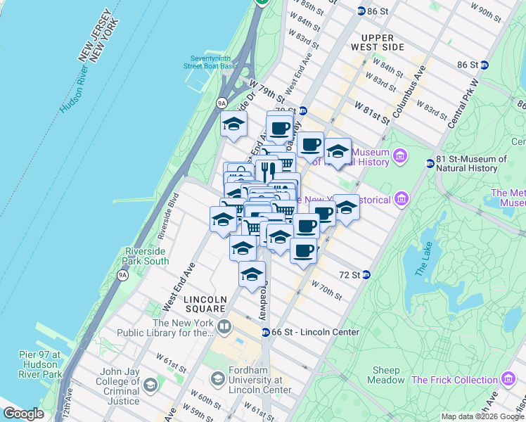 map of restaurants, bars, coffee shops, grocery stores, and more near 201 West 72nd Street in New York