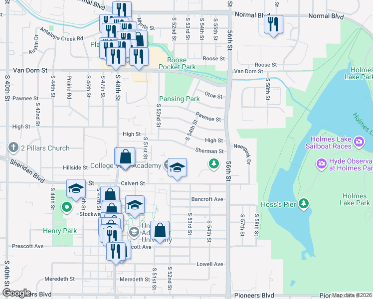 map of restaurants, bars, coffee shops, grocery stores, and more near 5401 Sherman Street in Lincoln