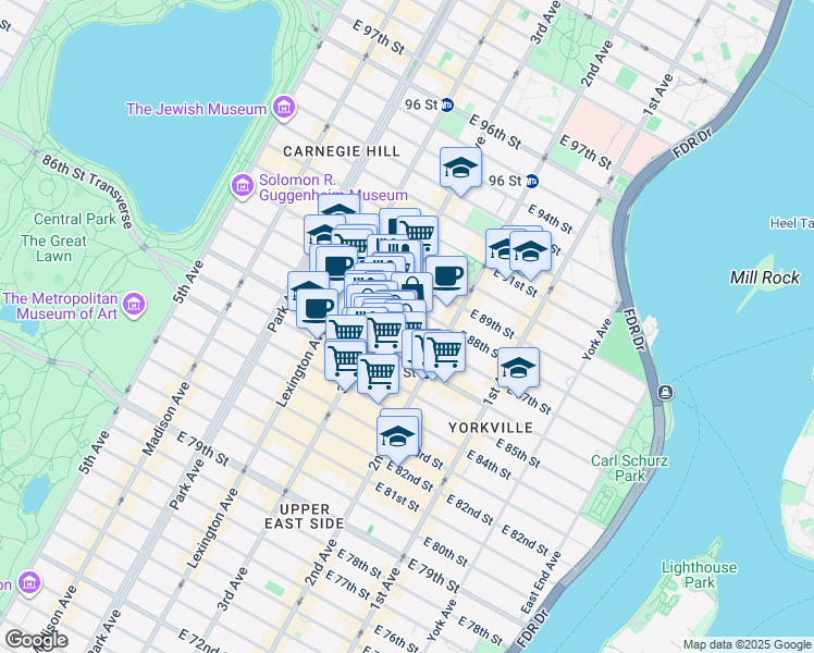 map of restaurants, bars, coffee shops, grocery stores, and more near 227 East 87th Street in New York