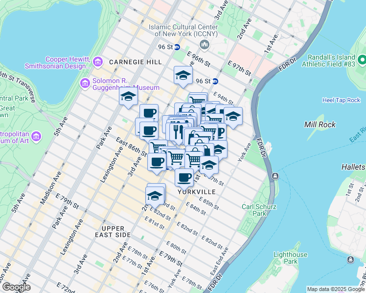 map of restaurants, bars, coffee shops, grocery stores, and more near 1702 2nd Avenue in New York
