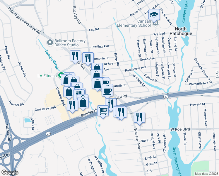 map of restaurants, bars, coffee shops, grocery stores, and more near 419 Waverly Avenue in Patchogue