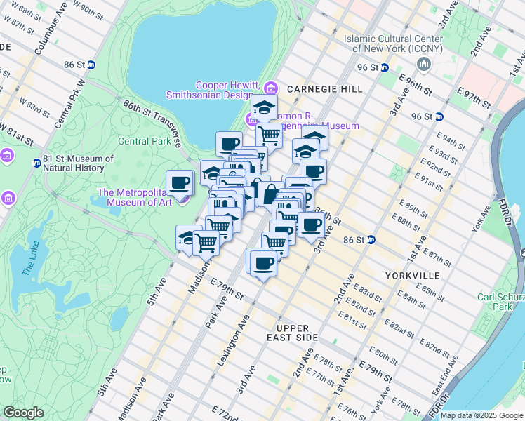 map of restaurants, bars, coffee shops, grocery stores, and more near 990 Park Avenue in New York