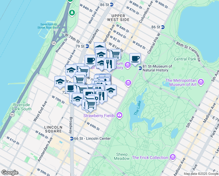 map of restaurants, bars, coffee shops, grocery stores, and more near 53 West 75th Street in New York