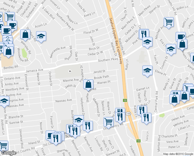 map of restaurants, bars, coffee shops, grocery stores, and more near 14 Brook Path in Plainview