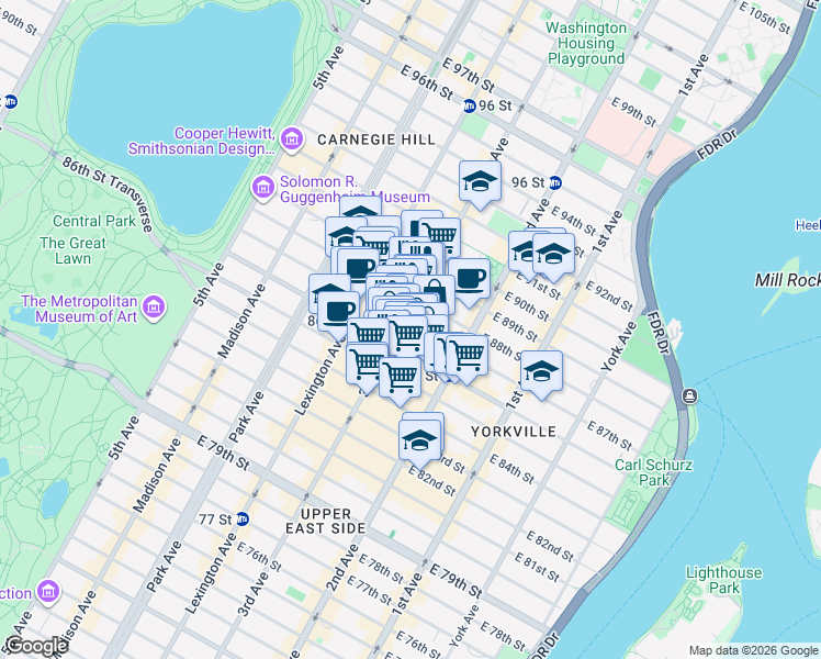 map of restaurants, bars, coffee shops, grocery stores, and more near 200 East 87th Street in New York