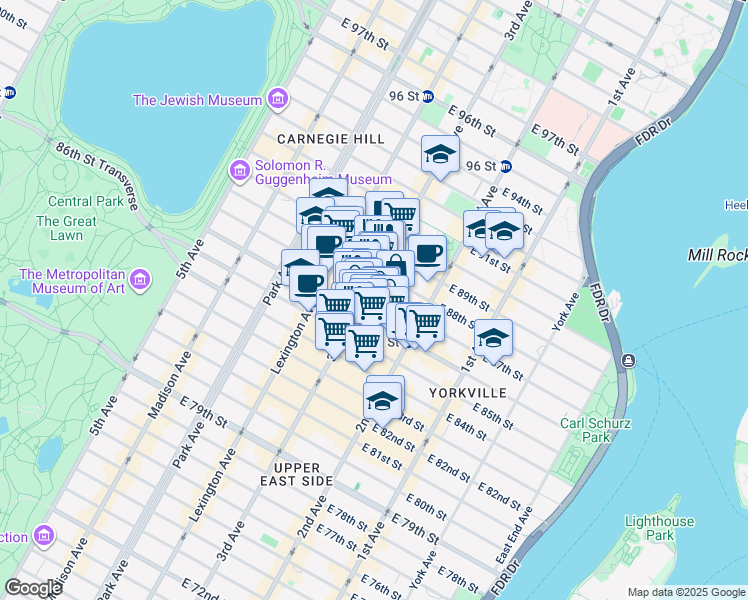 map of restaurants, bars, coffee shops, grocery stores, and more near 200 East 87th Street in New York
