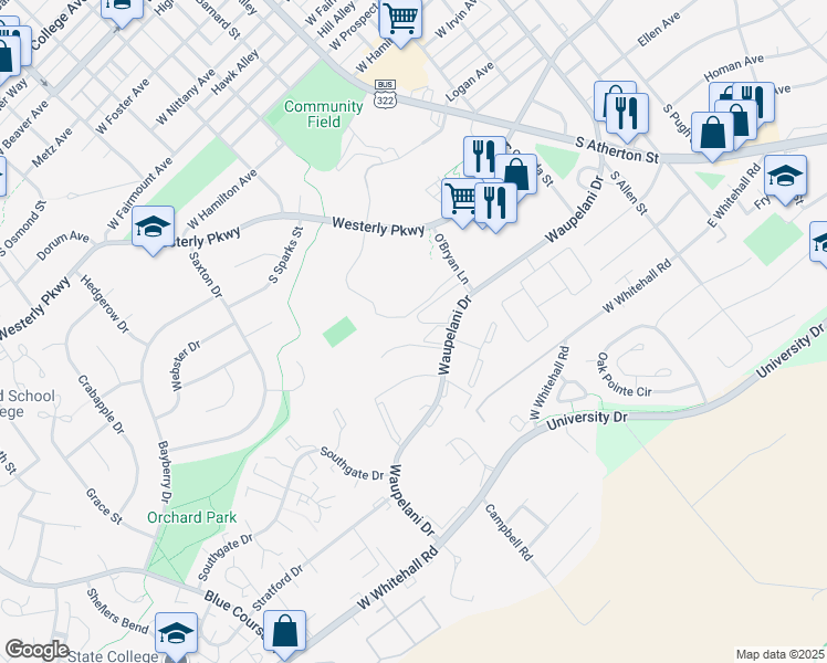 map of restaurants, bars, coffee shops, grocery stores, and more near 425 Waupelani Drive in State College