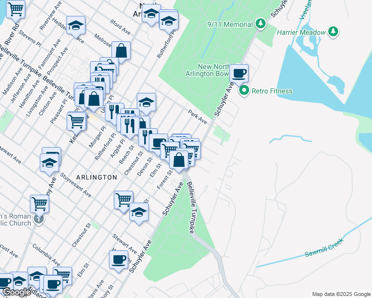 map of restaurants, bars, coffee shops, grocery stores, and more near 112 Exton Avenue in North Arlington