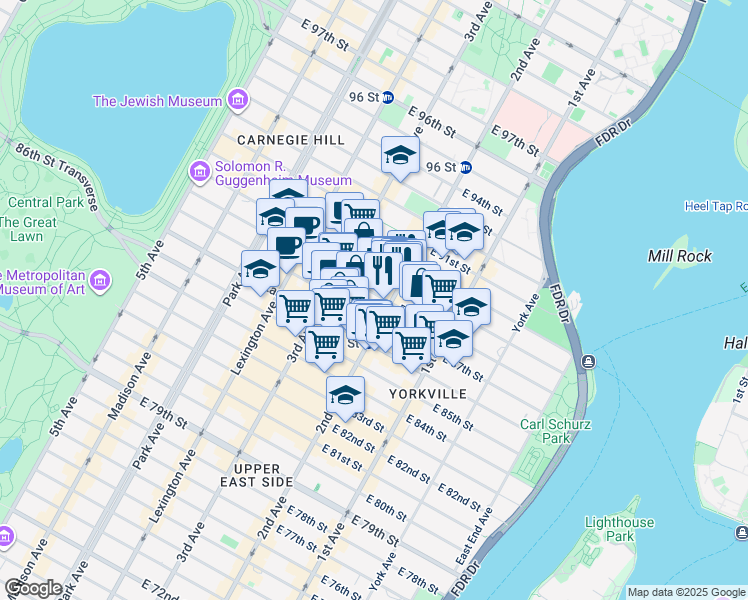 map of restaurants, bars, coffee shops, grocery stores, and more near 232 East 88th Street in New York