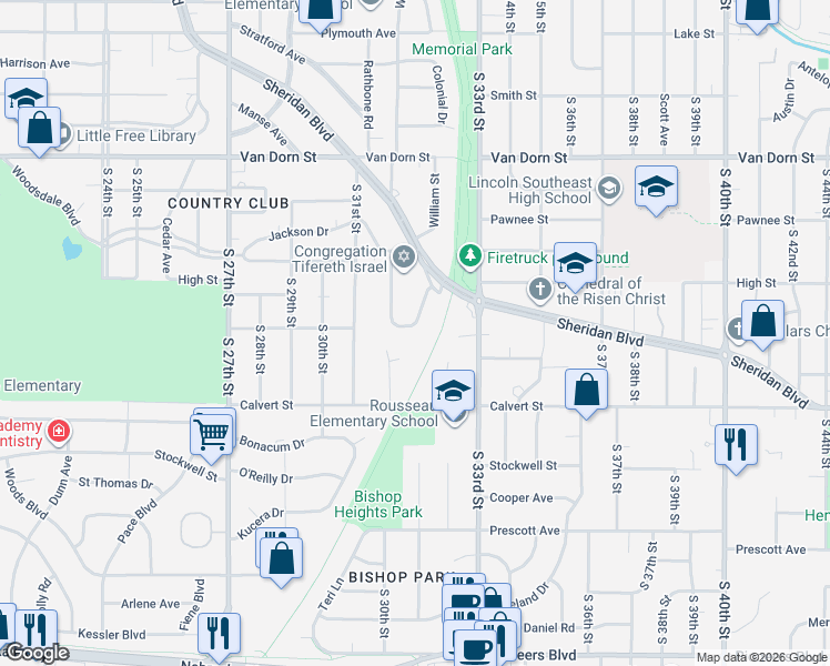 map of restaurants, bars, coffee shops, grocery stores, and more near 3235 South Summit Boulevard in Lincoln