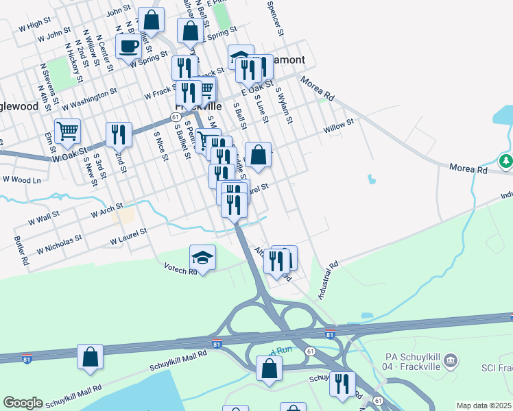 map of restaurants, bars, coffee shops, grocery stores, and more near 427 South Middle Street in Frackville