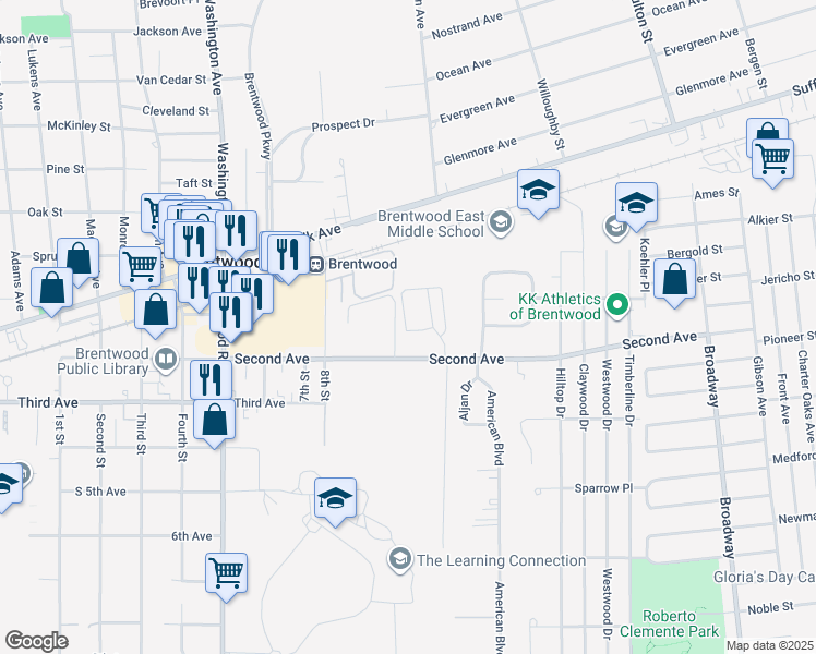 map of restaurants, bars, coffee shops, grocery stores, and more near 23 Springfield Road in Brentwood