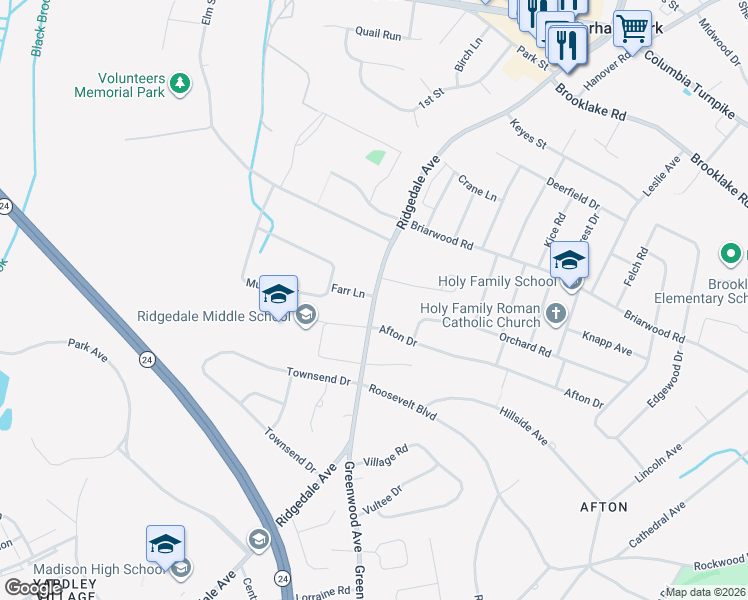 map of restaurants, bars, coffee shops, grocery stores, and more near 3 Farr Lane in Florham Park