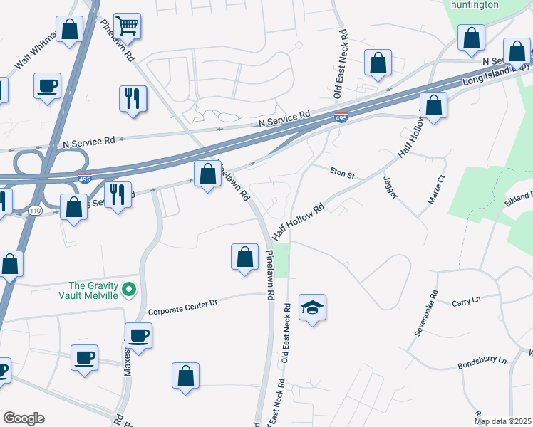 map of restaurants, bars, coffee shops, grocery stores, and more near 70 Pinelawn Road in Melville