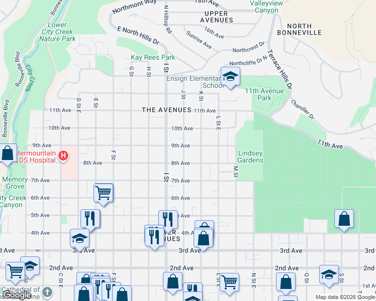 map of restaurants, bars, coffee shops, grocery stores, and more near 424 J Street in Salt Lake City