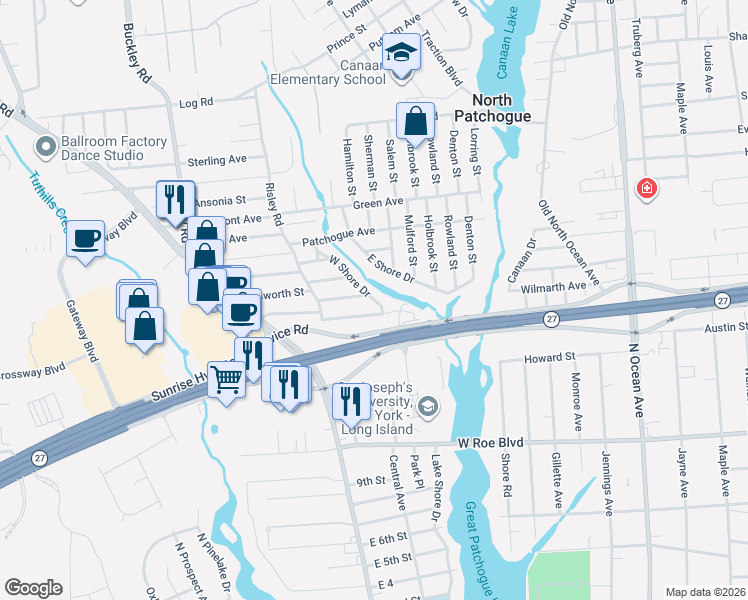 map of restaurants, bars, coffee shops, grocery stores, and more near 33 Suffolk Avenue in Patchogue