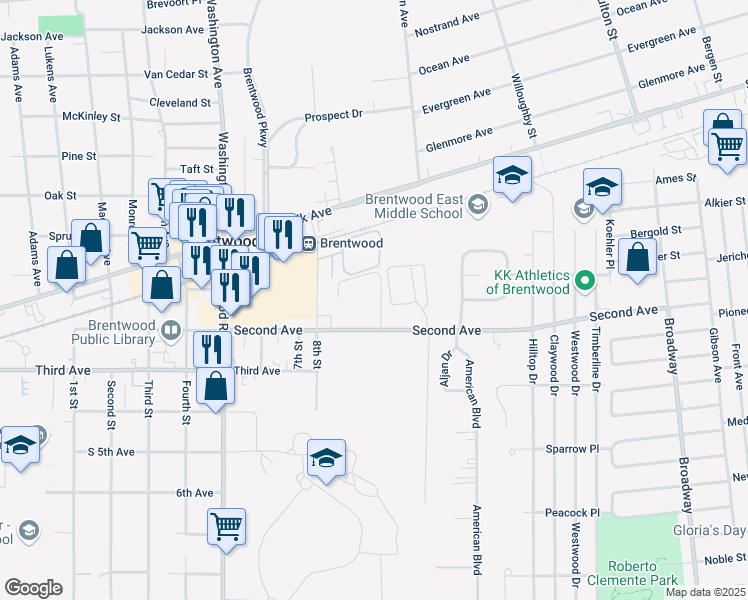 map of restaurants, bars, coffee shops, grocery stores, and more near 23 Springfield Road in Brentwood