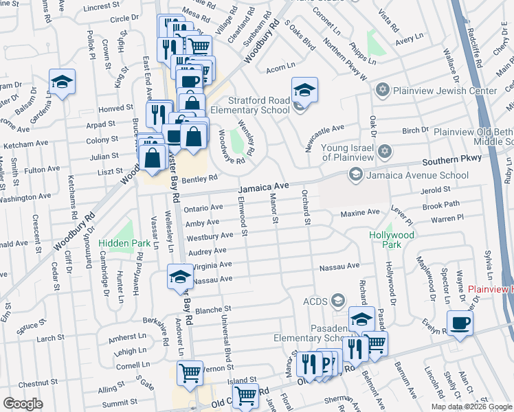 map of restaurants, bars, coffee shops, grocery stores, and more near 46 Amby Avenue in Plainview