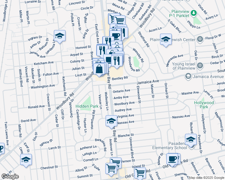 map of restaurants, bars, coffee shops, grocery stores, and more near 461 South Oyster Bay Road in Plainview