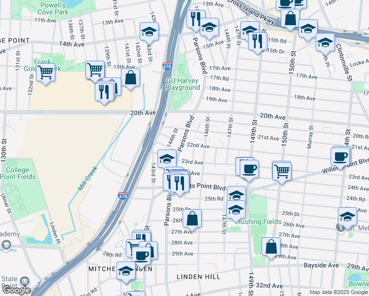 map of restaurants, bars, coffee shops, grocery stores, and more near 22-18 Lee Street in Queens