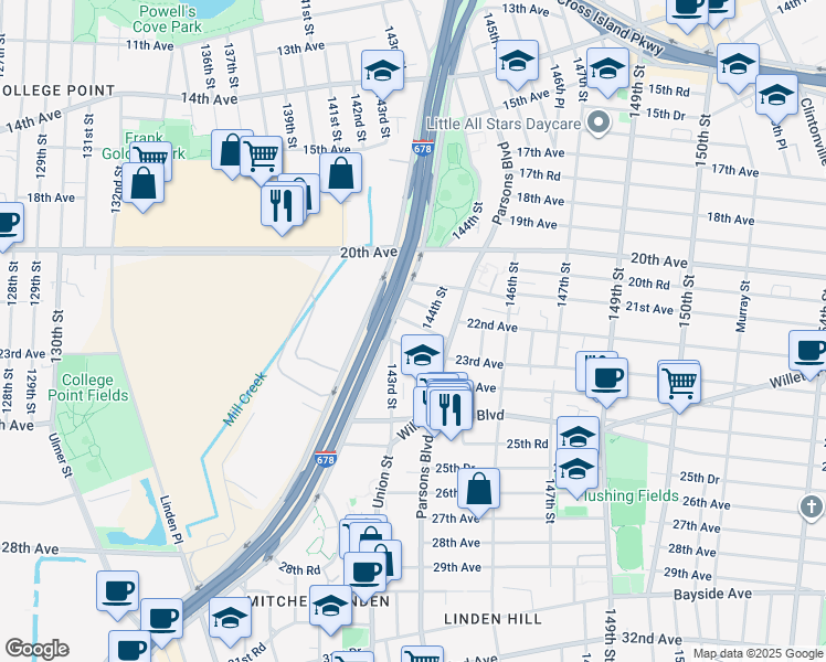 map of restaurants, bars, coffee shops, grocery stores, and more near 143-11 22nd Road in Queens