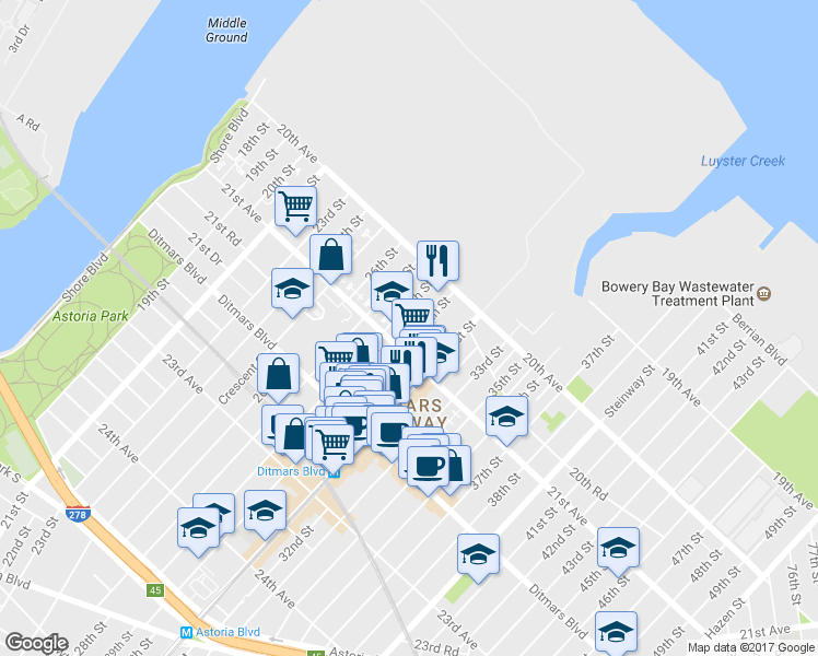 map of restaurants, bars, coffee shops, grocery stores, and more near 21-22 29th Street in Queens