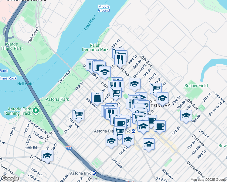 map of restaurants, bars, coffee shops, grocery stores, and more near 22-06 Crescent Street in Queens