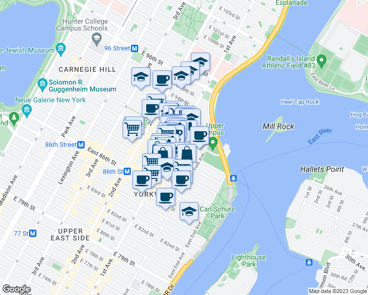 map of restaurants, bars, coffee shops, grocery stores, and more near 402 East 90th Street in New York