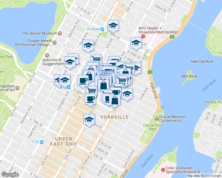 map of restaurants, bars, coffee shops, grocery stores, and more near 311 East 88th Street in New York