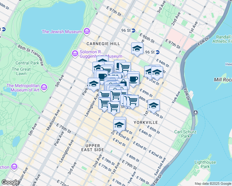 map of restaurants, bars, coffee shops, grocery stores, and more near 208 East 87th Street in New York