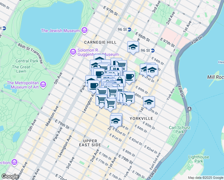 map of restaurants, bars, coffee shops, grocery stores, and more near 1529 3rd Avenue in New York