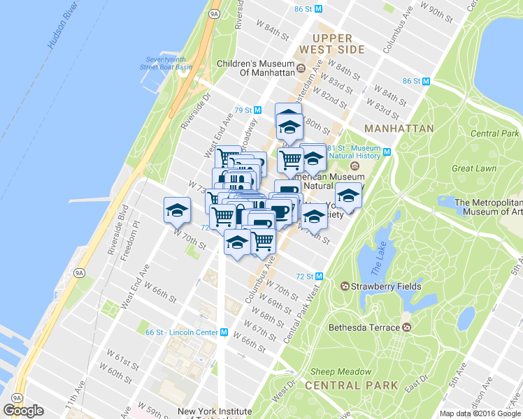 map of restaurants, bars, coffee shops, grocery stores, and more near 155 West 73rd Street in New York