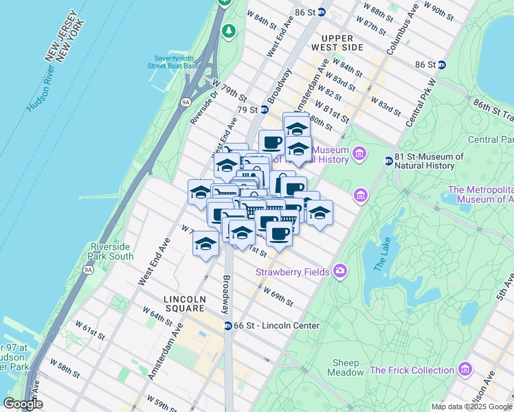 map of restaurants, bars, coffee shops, grocery stores, and more near 155 West 73rd Street in New York